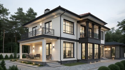 Modern luxury two-story house with balconies and covered patio in a forest setting