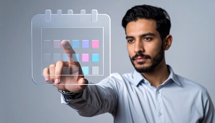 Futuristic 3D digital calendar icon with businessman hand interaction