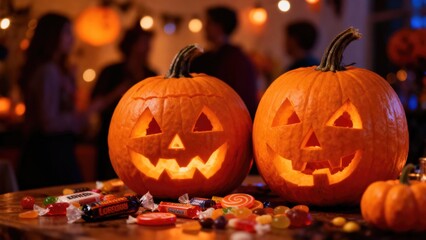 Fototapeta premium Two carved pumpkins with glowing faces and candies on a table for Halloween.
