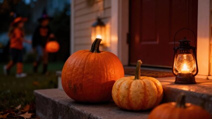 Halloween pumpkins and lantern on a porch with children trick or treating.