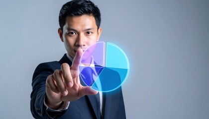 Businessman hand interacting with futuristic 3D pie chart interface
