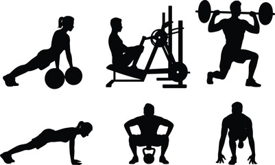 Silhouette collection of men and women doing fitness training, weightlifting, kettlebell workout, push ups, rowing exercise, functional gym workout, strength conditioning