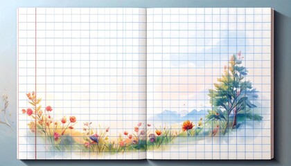 Open notebook with watercolor floral landscape