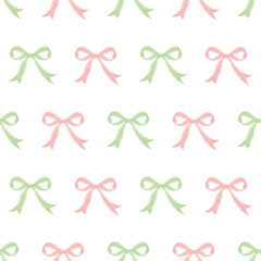 Cute coquette vector seamless pattern pink ribbon bow background. Pink green white preppy feminine romantic backdrop for textile, fabric, wallpaper, wrapping. Geometric repeat baby girl shower