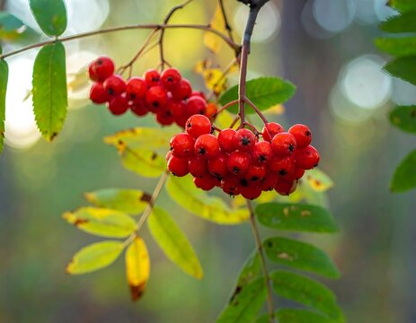 Clusters of vibrant red berries on a branch with autumnal leaves