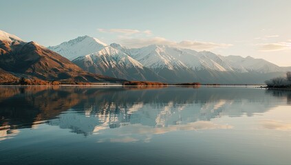 Serene mountain reflection in a still lake at sunrise, showing snow-capped peaks and autumnal colors along the shoreline