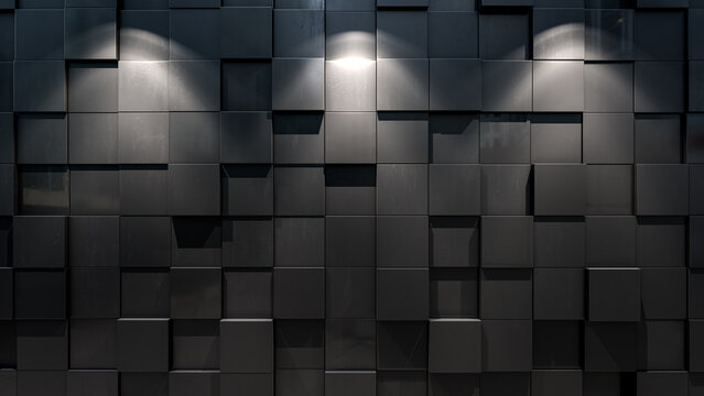 Fototapeta Modern black 3D wall with geometric cube pattern and dramatic spot lighting. Abstract architectural background with square blocks, depth, and shadows. 3d rendering