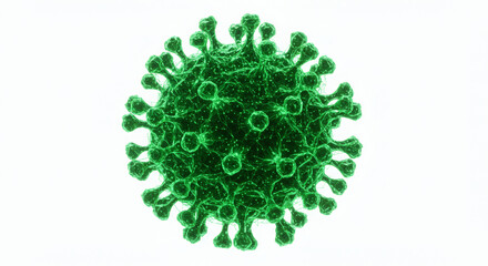 Detailed 3D rendering of a green coronavirus particle, a microscopic view of a virus with spike proteins against a white background