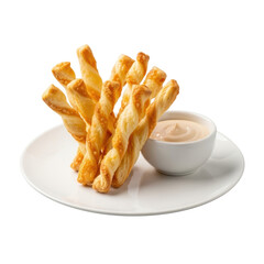 Golden-baked twisted parmesan cheese straws, flaky, crispy, with a creamy beige dip in a white bowl on a glossy plate, isolated on a transparent, professional gourmet snack concept