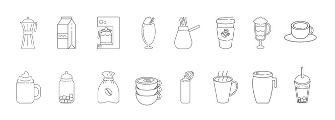 Coffee icons. Geometric coffee and tea pattern in minimalist style. Abstract print background with simple shapes for coffee shop, food packaging, cafe wall, menu.