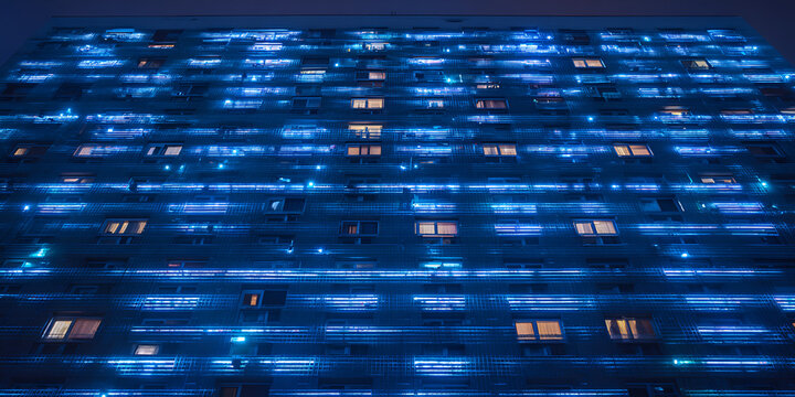 Symmetrical glowing blue building facade with repetitive windows at night