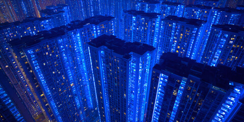 Close-up view of skyscraper windows at night with blue illumination