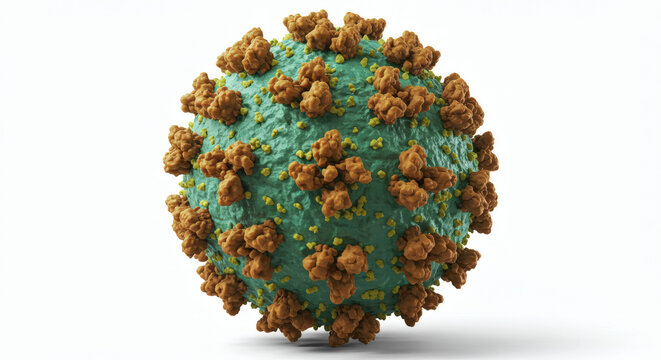 Scientific 3D illustration of a generic viral particle, showcasing its spike proteins, representing infectious disease, research, and public health impact