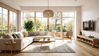 Fototapeta premium Bright, airy living room with large windows overlooking a lush garden. Modern furniture and natural light create a serene atmosphere
