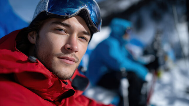A young man in a vibrant ski outfit enjoys the breathtaking snowy landscape, demonstrating a sense of adventure and excitement while capturing the essence of winter sports.