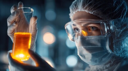 Female scientist examining glowing liquid in laboratory during focused experiment