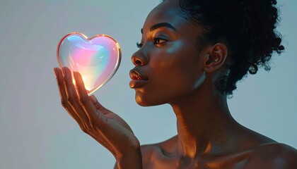 Futuristic 3D heart icon with hovering businesswoman hand for innovation