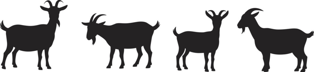 Silhouette illustration of four goats standing in different poses, farm livestock animal vector graphic, goat farming, traditional agriculture, domestic animal design element