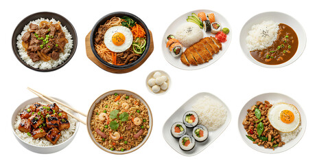 Assortment of asian dishes and sushi rolls isolated on transparent background