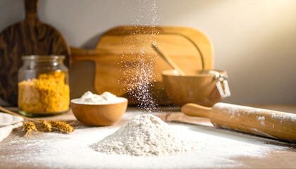 Flour dusting on wooden table with kitchen tools