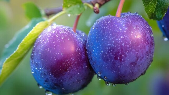 selective focus ripe purple plums on tree