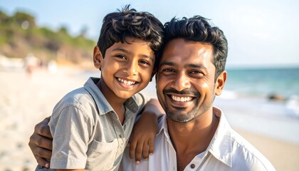 Happy father and son at beach