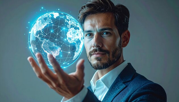 Innovative businessman hand touching luminous 3D globe icon for global connection