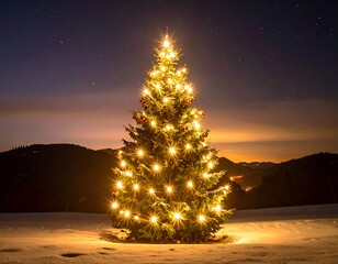 Illuminated Christmas tree in snowy landscape at night (1)