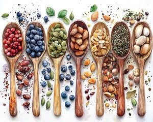 Wooden spoons filled with colorful seeds, nuts, and berries.  A healthy array