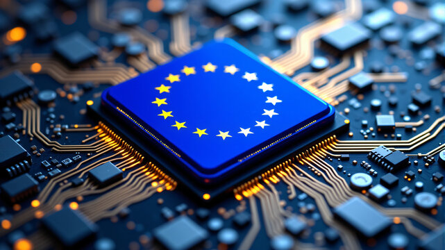 European Union Flag on Microchip Circuit Board