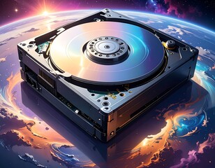 Hard drive in space.  Cosmic backdrop