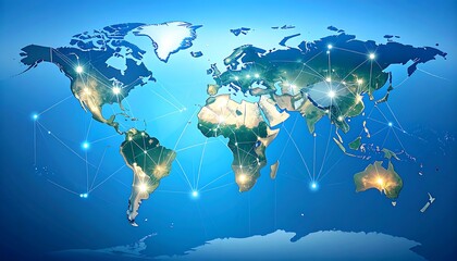 A vibrant, digitally rendered map of the world showcasing interconnected nodes, representing global network, on a luminous blue background