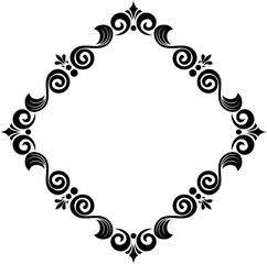 Elegant black and white ornamental diamond-shaped frame, decorative swirl design.