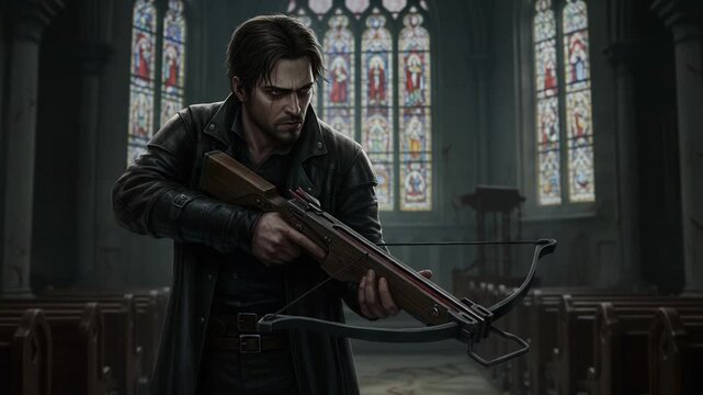 A lone figure stands in a dimly lit church, gripping a crossbow tightly, surrounded by stained glass windows that cast colorful reflections on the ancient stone walls.