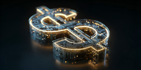 Futuristic dollar symbol with glowing golden lights on dark background