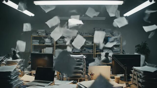 Chaotic Office Workspace with Flying Papers - A messy business office scene with stacks of documents and papers flying through the air, creating a chaotic and overwhelming atmosphere.