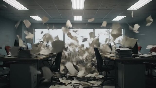Chaotic Office Paper Explosion - Stacks of documents are blown around a messy office workspace in a powerful explosion of papers. The scene depicts chaos and disarray in a business setting.