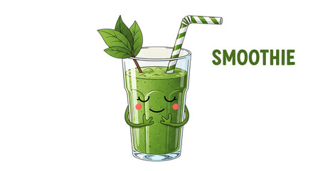 Cute green smoothie in a glass with a straw isolated on transparent background