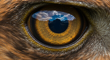 Extreme close up macro shot of a majestic eagle eye reflecting a clear blue sky with white clouds in its pupil