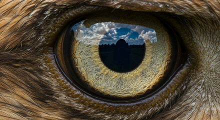 Extreme close up macro photograph of a domestic cat s green and gold eye showing intricate details and reflections in the iris