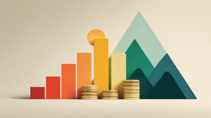 Fototapeta premium Inco minimalist infographic shows stacked coins signifying growth bars against a mountain backdrop, suggesting financial progress and minimalist design principles.
