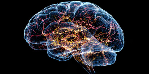 High-resolution transparent brain with glowing neural data pathways
