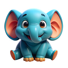 A cute blue cartoon elephant with big ears and a smile on a transparent background.
