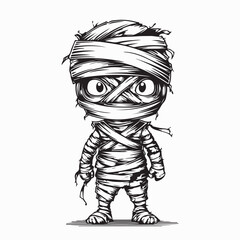 Cute Spooky Mummy Character Vector Drawing on a White Background