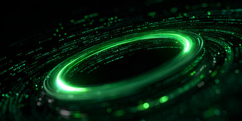 High-tech green glowing ring with digital circuits and data particles