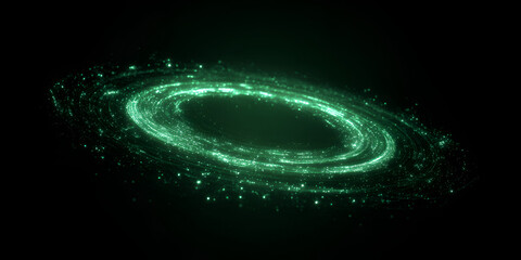 Glowing green digital vortex ring spinning in space