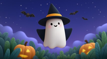 A 3D illustration of a cute, friendly ghost with a smiling face, wearing a witch hat and floating above pumpkins on a Halloween night
