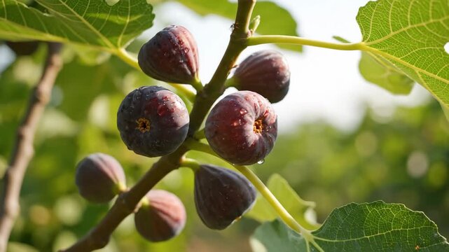 Ripe Figs on Branch - Close-up view of several plump, dark purple figs growing on a branch with vibrant green leaves. Sunlight illuminates the juicy fruits, which appear ripe and ready to harvest.