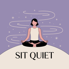 Serene woman meditating in lotus pose atop rolling hill with swirling lines and stars peaceful mindful calmness nature scene vector