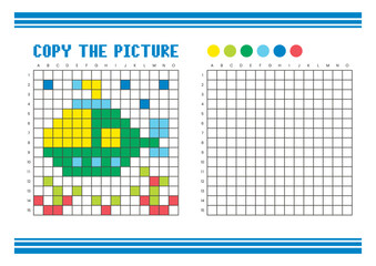 Copy the picture grid drawing worksheet for kids. Pixel art submarine